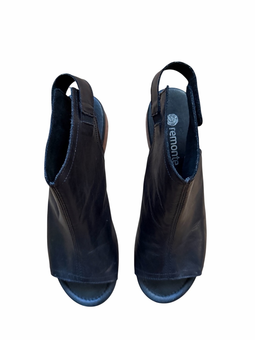 REMONTE - Women's Black Leather Open-Toe Slingback Sandal with Red Block Heel - Picture 2 of 6